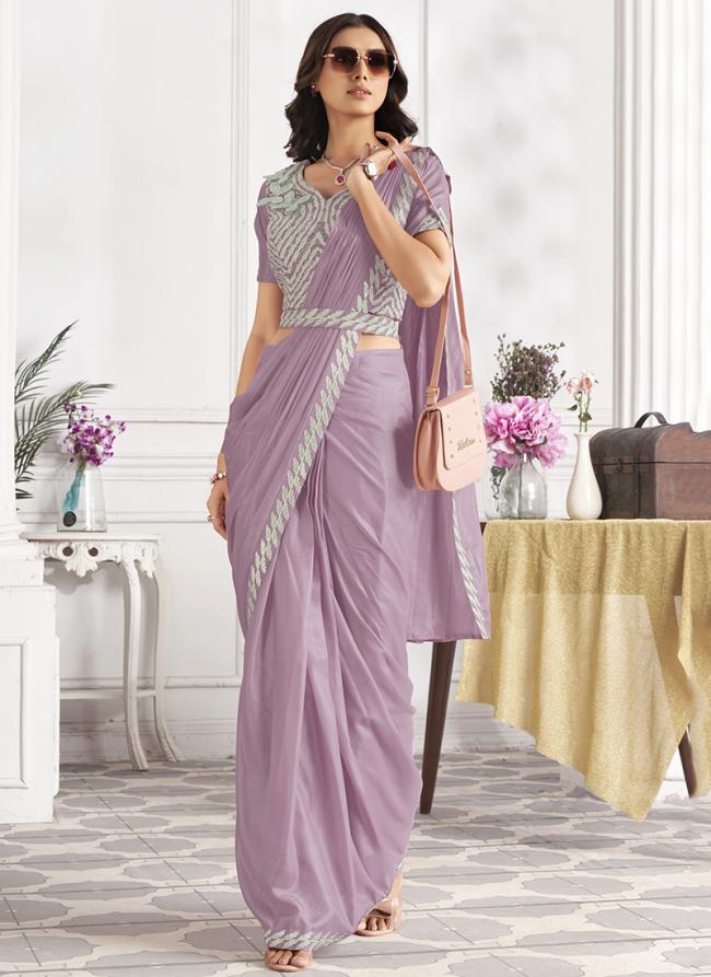 Shimmer Georgette Mauve Party Wear Embroidery Work Ready To Wear Saree